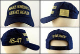NAVY BLUE (& GOLD) This Classic MAGA Hat Trump 45-47 is the same hat Trump sells on his website! In ALL GOLD embroidery, MAKE AMERICA GREAT AGAIN is on the front, TRUMP on the back, 45-47 on one side, and the American Flag on the other. Available in Navy Blue or White. One size fits most. We offer fast shipping and handle each order with care.
