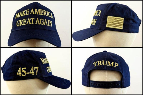 NAVY BLUE (& GOLD) This Classic MAGA Hat Trump 45-47 is the same hat Trump sells on his website! In ALL GOLD embroidery, MAKE AMERICA GREAT AGAIN is on the front, TRUMP on the back, 45-47 on one side, and the American Flag on the other. Available in Navy Blue or White. One size fits most. We offer fast shipping and handle each order with care. 