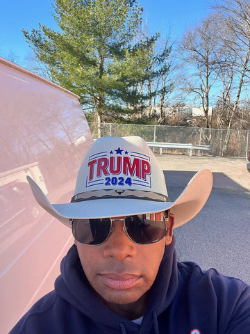 Sport our classic Cowboy Hat with "TRUMP 2024" design. Custom cut leather adornment surrounds the hat in true cowboy fashion. Order a Trump 2024 Cowboy Hat today for yourself or as a special gift for a loved one. #Trump2024