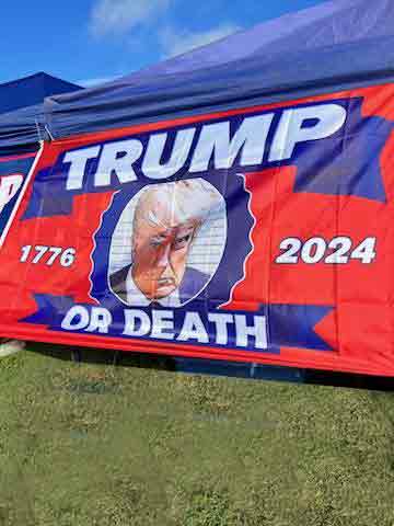 Our spirited TRUMP OR DEATH 1776-2024 FLAG measures 3' x 5' and is made of durable nylon. One Size. We handle each order with care and ship out promptly.