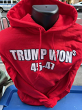 Stay warm and cozy in this Trump Won (3) 45-47 hoodie sweatshirt with front pocket. Available in Navy Blue and Red. Size M-XXXXL.