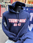 Stay warm and cozy in this Trump Won (3) 45-47 hoodie sweatshirt with front pocket. Available in Navy Blue and Red. Size M-XXXXL.