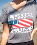 Make a statement wearing this Women's Jesus Is My Savior, Trump Is My President American flag short-sleeve, V-neck tee shirt.  Available in Heather Grey. Size S-XXL. 