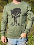 Sport our Punisher MAGA T Shirt that comes in short-sleeve and long-sleeve. Available in Army Green.  Size M-XXXXL. 