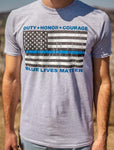Wear this Duty Honor Courage Blue Lives Matter T-Shirt in support of law enforcement officers in your community and throughout the USA!  Available in Grey, Long-Sleeve, and Short-Sleeve Crew-Neck.  Size M-XXXXL.
