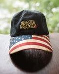 Sport this patriotic hat with gold "Space Force" embroidered on the front.  American flag design on the bill.  Available in Charcoal Grey.  One Size.