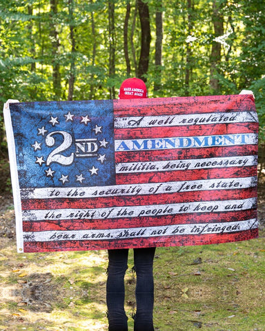 This 2nd Amendment American Flag measures 3' x 5' and is made of durable nylon.  We offer fast shipping and handle each order with care. 