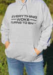 Wear our "Everything Woke Turns to Sh** " hoodie sweatshirt proudly. Available in soft Heather Grey. Size M-XXXXL.