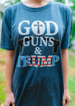 "God, Guns & Trump" T Shirt in short-sleeve, crew-neck. Available in Black or Heather Blue. Size M-XXXXL. 