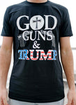 Our God, Guns & Trump T Shirt is available in short-sleeve Heather Navy Blue and Black. Size M-XXXXL.