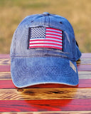 This American Flag Patch Hat is available in washed blue denim with USA embroidered on the adjustable strap on the back. #USA 