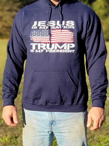 Make two statements in one with this "Jesus is My Savior, Trump is My President" Hoodie Sweatshirt. Available in Navy Blue and Heather Grey. Size M-XXXXL.