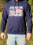 Make two statements in one with this "Jesus is My Savior, Trump is My President"Hoodie Sweatshirt. Available in Heather Grey and Navy Blue. Size M-XXXXL. 