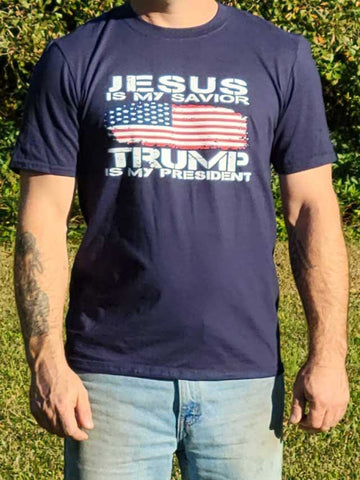 Make two statements in one with this "Jesus Is My Savior, Trump Is My President" short-sleeve t-shirt.  Available in Navy Blue, Light Blue, and Heather Grey. 100% cotton. Size M-XXXXL. 