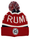 Warm and cozy knit hat with "TRUMP" and a round "45" patch.  Available in Red or Navy Blue with a multi-colored red, white, and blue pom on top.  One size.