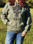 Keep warm and cozy in this Punisher MAGA Hoodie Sweatshirt. Available in Army Green with black messaging. Size M-XXXXL.