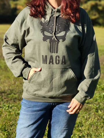 Keep warm and cozy in this Punisher MAGA Hoodie Sweatshirt. Available in Army Green with black messaging. Size M-XXXXL.