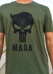 Sport our Punisher MAGA T Shirt that comes in short-sleeve and long-sleeve. Available in Army Green.  Size M-XXXXL. 