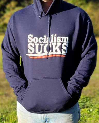 Our simply stated Socialism Sucks Hoodie sweatshirt is available in Navy Blue. Size M-XXXXL.
