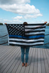 This spectacular Blue Lives Police Force Tribute Flag measures 3' x 5'.  Made of durable nylon. 