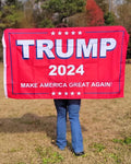 This Trump 2024 MAGA Flag measures 3' x 5' and is made of durable nylon. One Size.