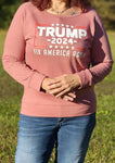 Enjoy this super soft "Trump 2024 Fix America Again" women's sweatshirt. Available in Dusty Pink. 60% cotton, 40% polyester. Size S-XXL. 