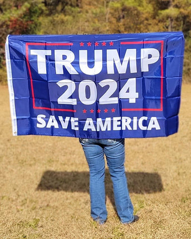 This Trump 2024 Save America Flag measures 3' x 5' and is made of durable nylon. Available in Blue. One Size.