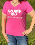 This "Trump 2024 Fix America Again" Women's V-neck, short-sleeve Tee is available in Hot Pink and Blue. Size S-XXL. 