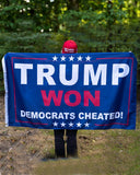This Trump Won, Democrats Cheated Flag is available in Red or Blue, measures 3' x 5', and is made of durable nylon.  We offer fast shipping and handle each order with care. 