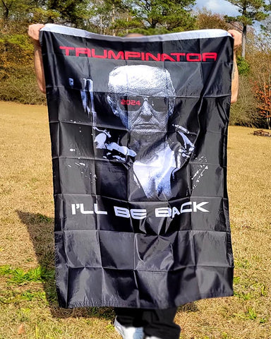 This TRUMPINATOR 2024 I'll Be Back Vertical Flag measures 3' x 5' and is made of durable nylon. Available in Black. One Size.