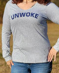 Our Women's Long-Sleeve V-neck UNWOKE Tee is available in Hot Pink and Heather Grey with navy blue messaging. 90% cotton, 10% polyester. Size S-XXL. 