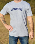 Simply state it wearing our UNWOKE short-sleeve, crew-neck T-Shirt. Available in Light Blue and Heather Grey with navy blue messaging. 90% cotton, 10% polyester. Size M-XXXXL. 