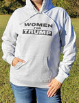 Make a statement in this "Women for Trump" hoodie sweatshirt with a front pouch pocket. Available in light Heather Grey. Size M-XXXXL (standard men's sizing).