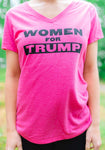 This "Women for Trump" short-sleeve V-neck T-Shirt is available in Hot Pink and Teal Blue with black messaging. Size S-XXL. #WomenForTrump #Apparel #NewTealBlue