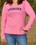 Our Women's Long-Sleeve V-neck UNWOKE Tee is available in Hot Pink and Heather Grey with navy blue messaging. 100% cotton. Size S-XXL. 