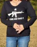 Proudly support the Second Amendment wearing our Women's COME AND TAKE IT Tee (Long-Sleeve, V-Neck). Available in Black and Burgundy. 100% cotton. Size S-XXL. 