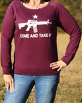 Proudly support the Second Amendment wearing our Women's COME AND TAKE IT Sweatshirt. Available in Burgundy. Size S-XXL. 