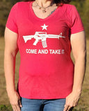 Make a statement in support of the 2nd Amendment in our Women's Come and Take It V-Neck, Short-Sleeve Tee.  Available in Independence Red with white messaging. 50% polyester,  25% cotton, 25% rayon. Size S-XXL. 