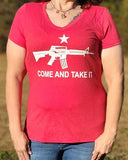 Make a statement in support of the 2nd Amendment in our Women's Come and Take It V-Neck, Short-Sleeve Tee.  Available in Independence Red with white messaging.  Size S-XXL. 