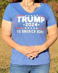 This "Trump 2024 Fix America Again" Women's V-neck, short-sleeve Tee is available in Hot Pink and Blue. Size S-XXL.